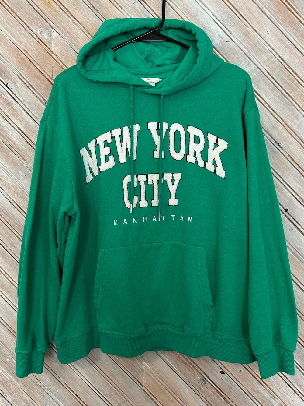 H&M Green "New York City" Manhattan Hoodie Sweatshirt Strings & Pocket